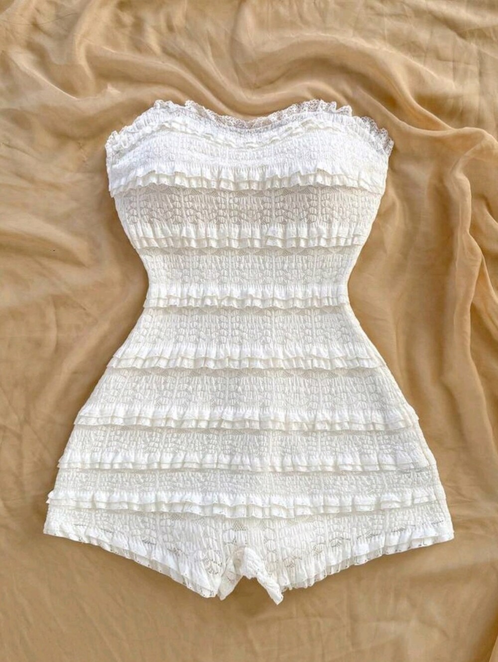 White Strapless Smocked Ruffle Romper